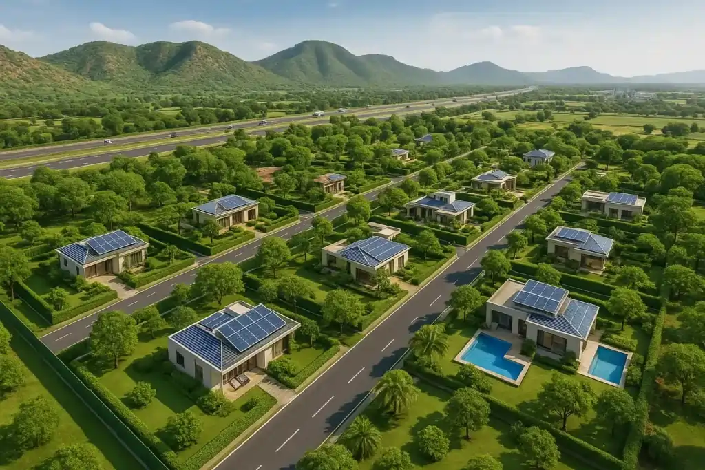 Eco-friendly farmhouse in Naugaon Haryana with solar panels and landscaped garden