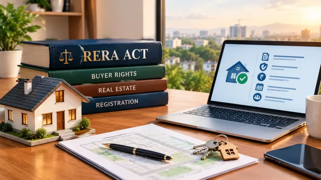Homebuyer reading RERA Act documents and a property agreement before buying