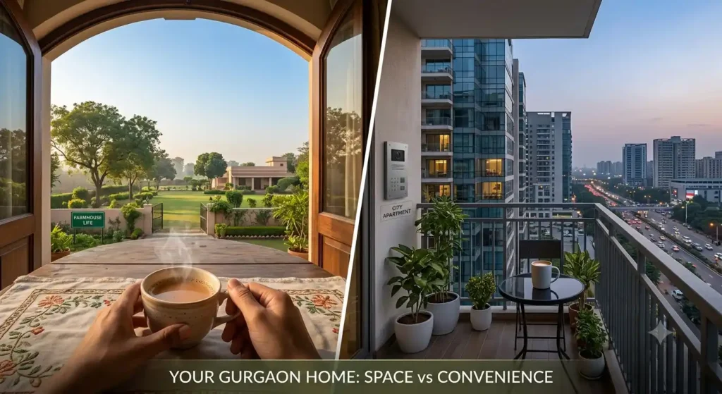 Comparison of apartment and farmhouse near Gurgaon by price, upkeep, resale, and rental income