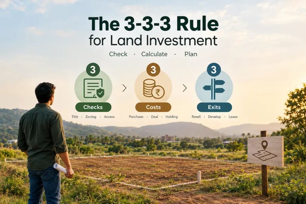 3-3-3 rule land investment framework showing three checks, three costs and three exits