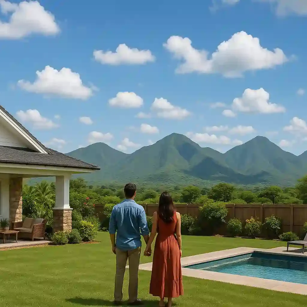 Couple enjoying scenic Aravalli view at RASA Estate Farms farmhouses in Naugaon