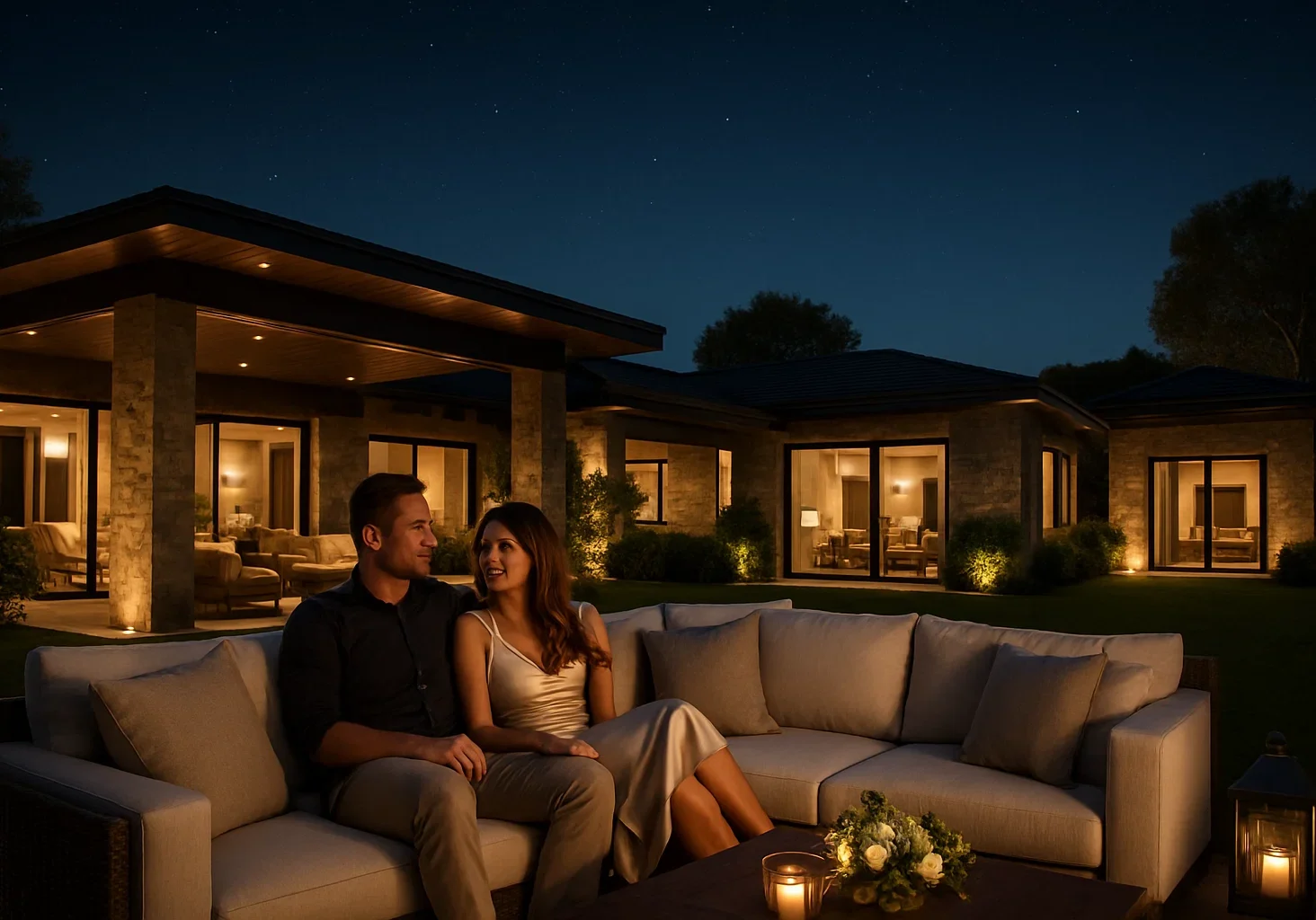 Night view of illuminated farmhouses in Naugaon at palatial farms, Alwar