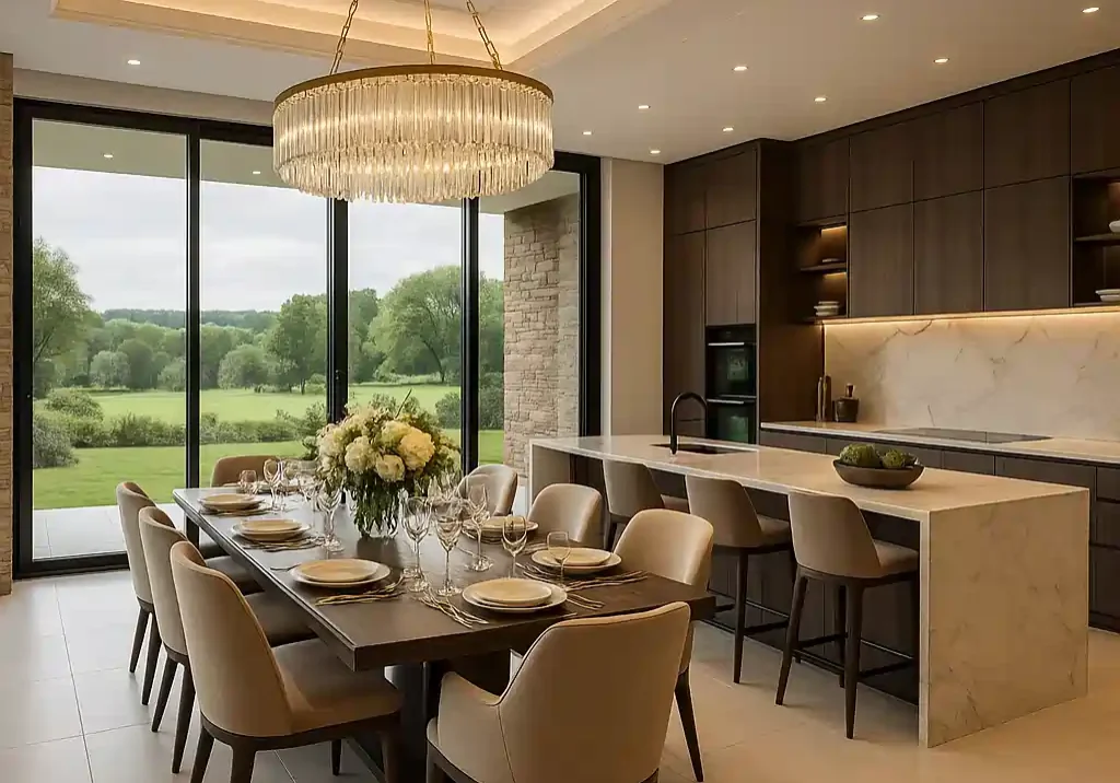 Luxury-Farmhouse-Dining_simple_compose Modern dining and kitchen area at farmhouses in Naugaon with contemporary design