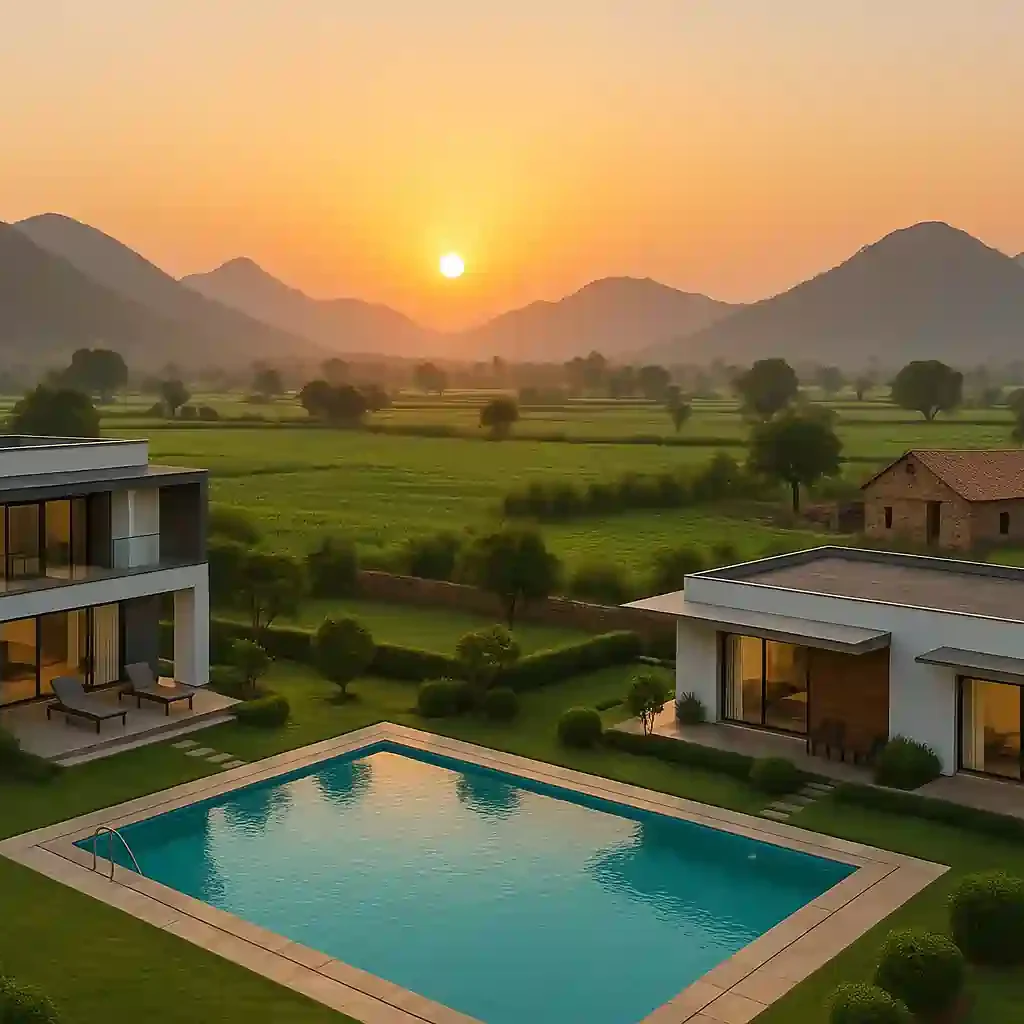 Aerial view of RPS Sargam Phase-2 farmhouses in Naugaon showing gated layout and greenery