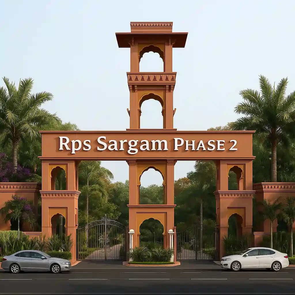 RPS Sargam Phase-2 farmhouses in Naugaon, Alwar with gated community and landscaped entrance