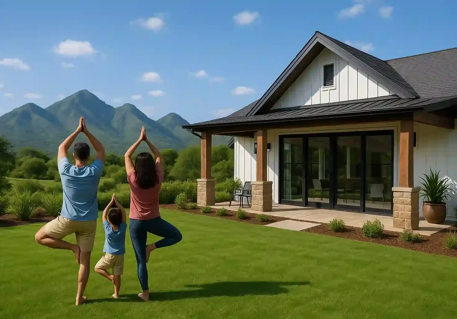 Person doing yoga with scenic Aravalli hills view at RASA Estate Farms in Naugaon