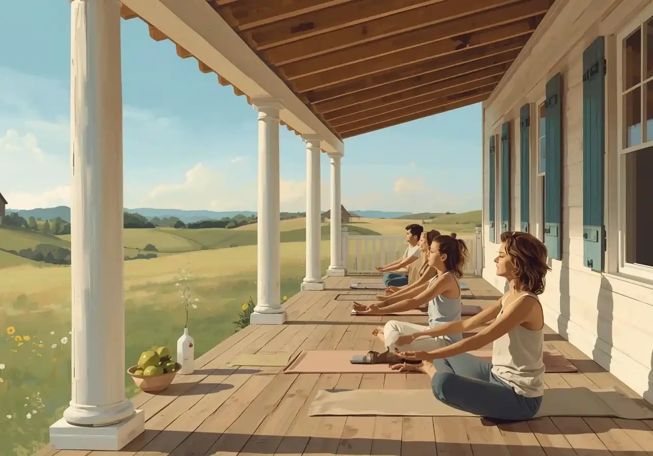 Your Personal Yoga Retreat Morning yoga session at a serene farmhouse with open green views