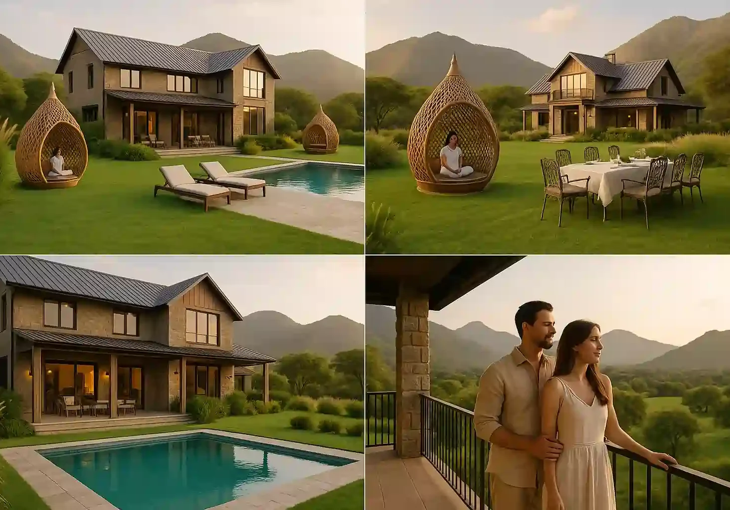 Couple enjoying scenic Aravalli hills view at RASA Estate Farms farmhouses in Naugaon