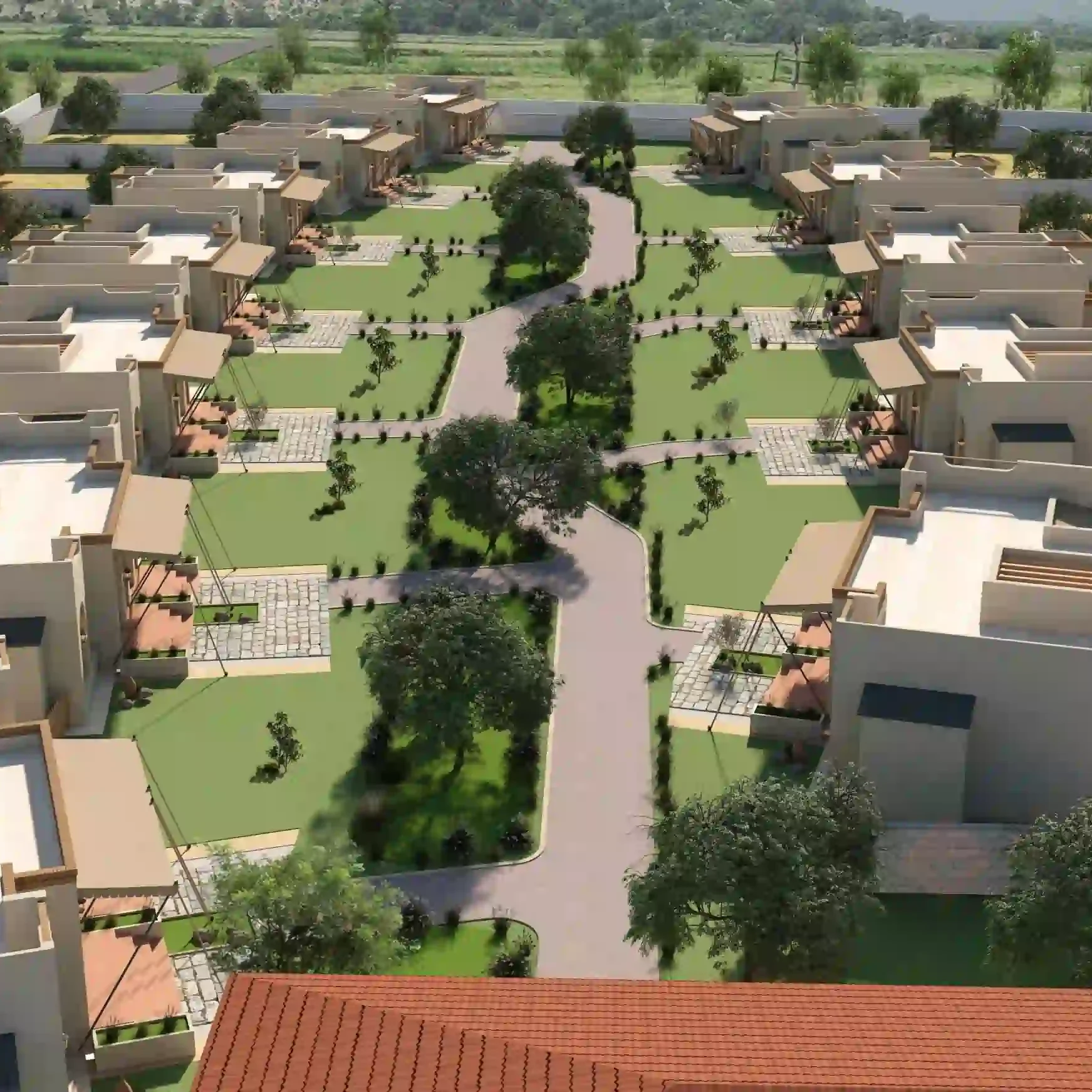 farms view Scenic farm view at farmhouses in Naugaon, Alwar with green fields and Aravalli hills