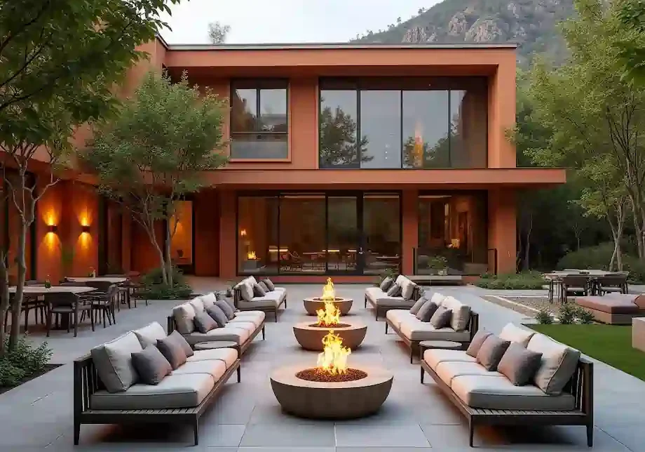 Indoor chairs with a fireplace at RASA Estate Farms farmhouses in Naugaon