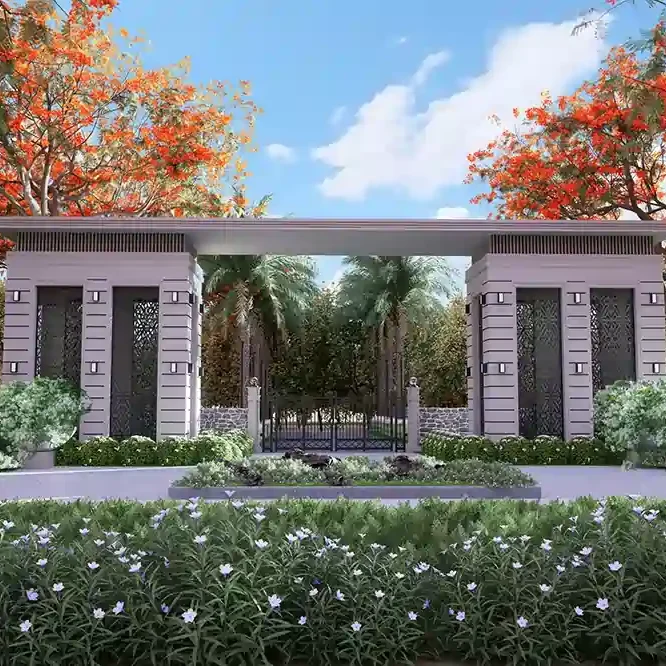 Samava Farms entrance with lush greenery